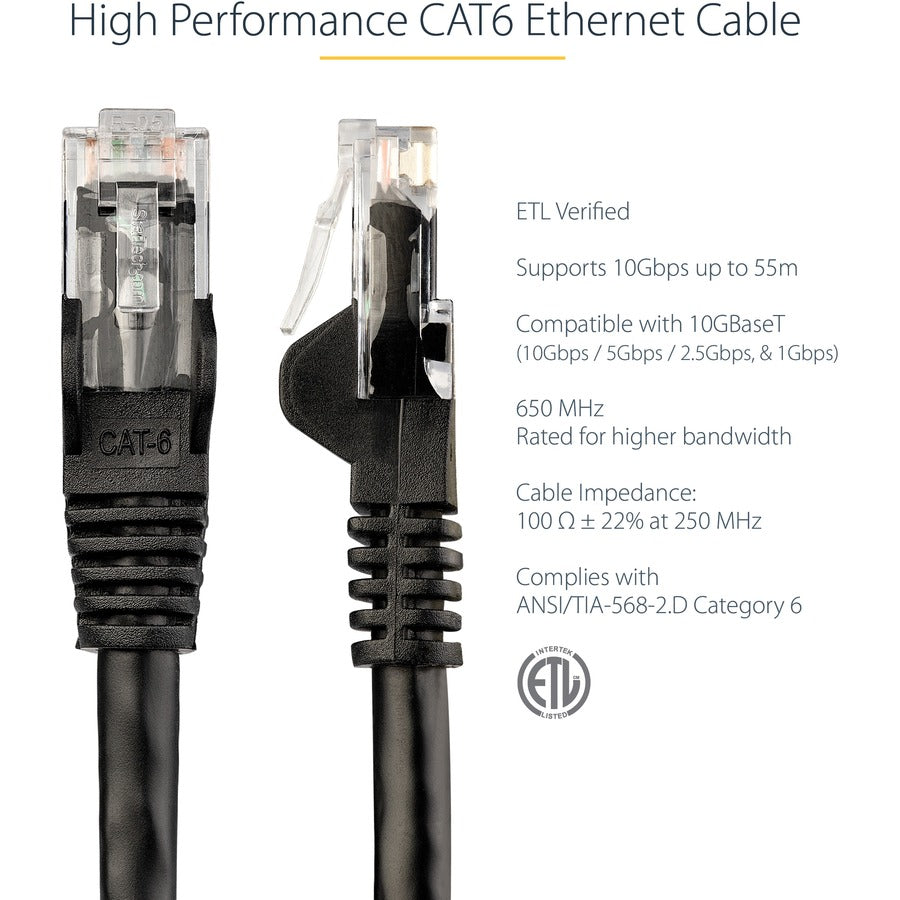 StarTech.com 50ft CAT6 Ethernet Cable - Black Snagless Gigabit - 100W PoE UTP 650MHz Category 6 Patch Cord UL Certified Wiring/TIA