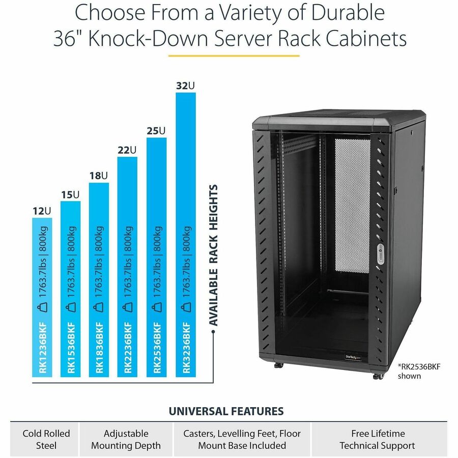StarTech.com 4-Post 25U Server Rack Cabinet, 19" Data Rack Cabinet for Computer / IT Equipment, Home Network Rack, Half Height Server Rack