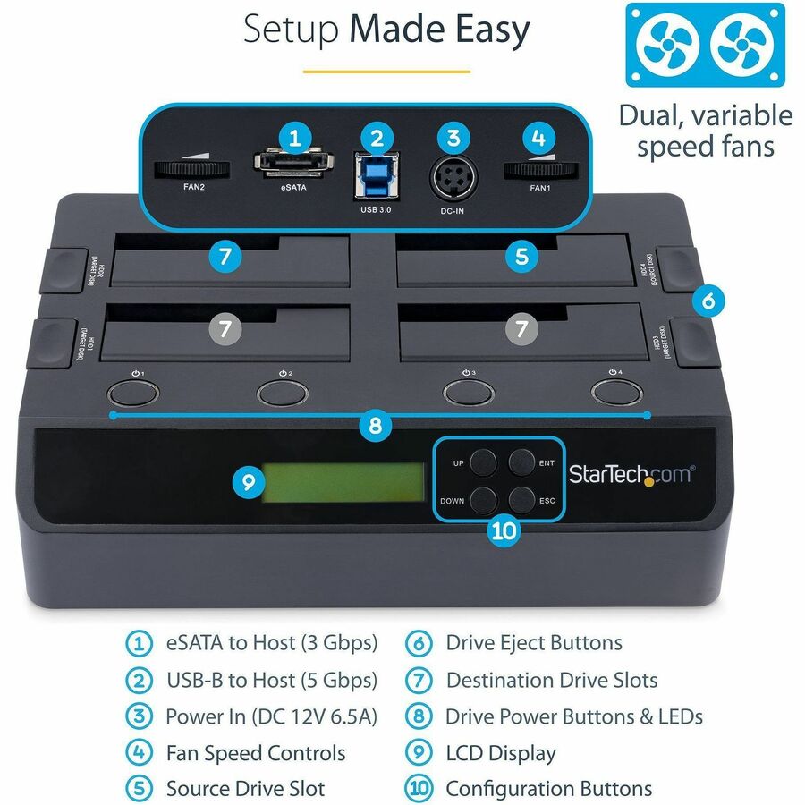 StarTech.com 4-Bay Hard Drive Duplicator and Eraser, External HDD/SSD Cloner / Copier / Wiper Tool, USB 3.0/eSATA to SATA Docking Station
