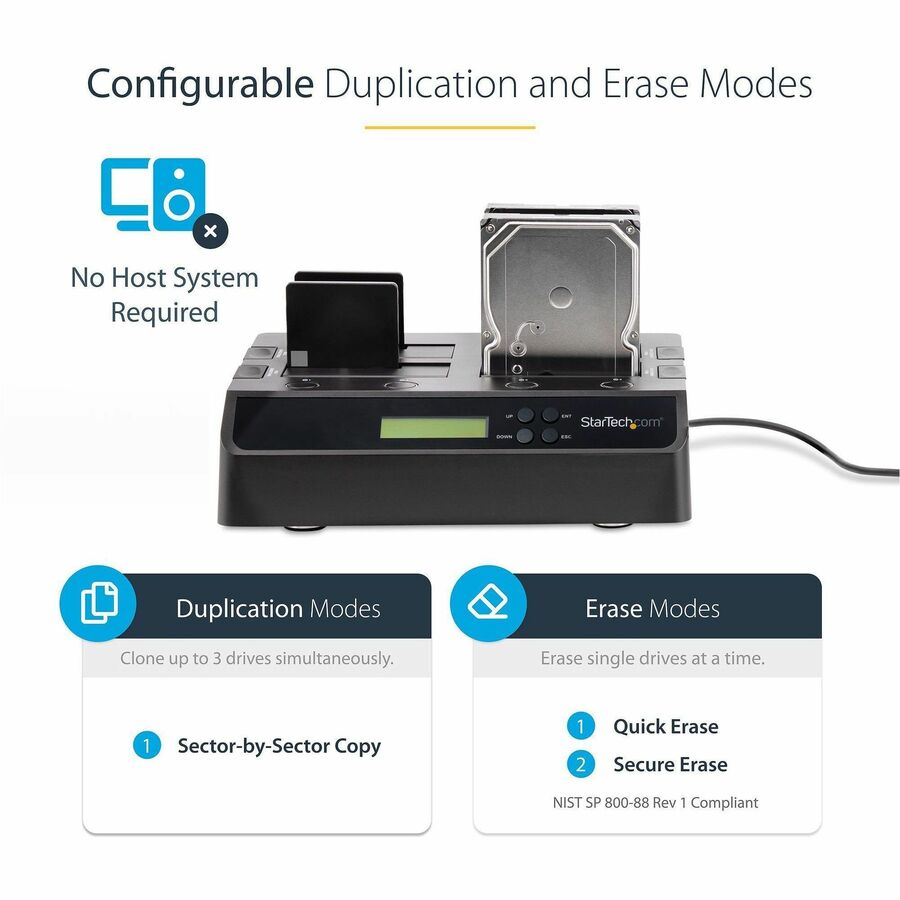 StarTech.com 4-Bay Hard Drive Duplicator and Eraser, External HDD/SSD Cloner / Copier / Wiper Tool, USB 3.0/eSATA to SATA Docking Station