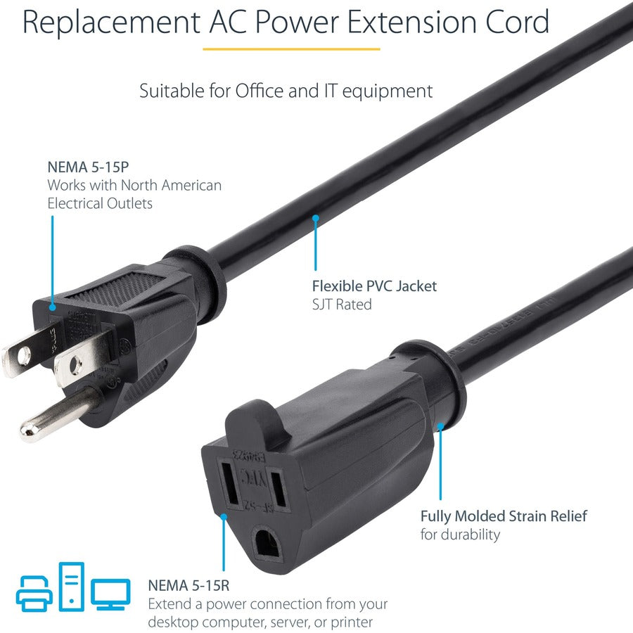 StarTech.com 15ft (4.5m) Power Extension Cord, NEMA5-15R to NEMA5-15P Black Extension Cord, 13A 125V, 16AWG, Computer Power Extension Cable