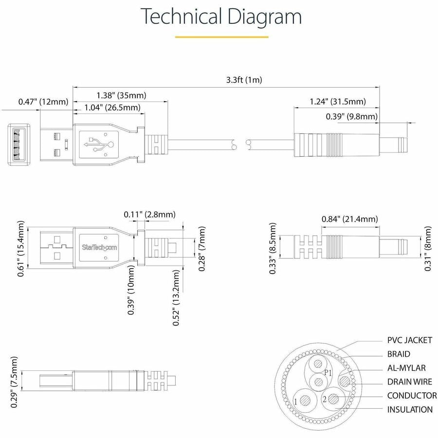 Star Tech.com 1m USB to Type N Barrel 5V DC Power Cable - USB A to 5.5mm DC
