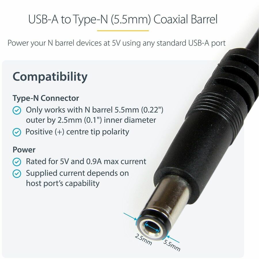 Star Tech.com 1m USB to Type N Barrel 5V DC Power Cable - USB A to 5.5mm DC