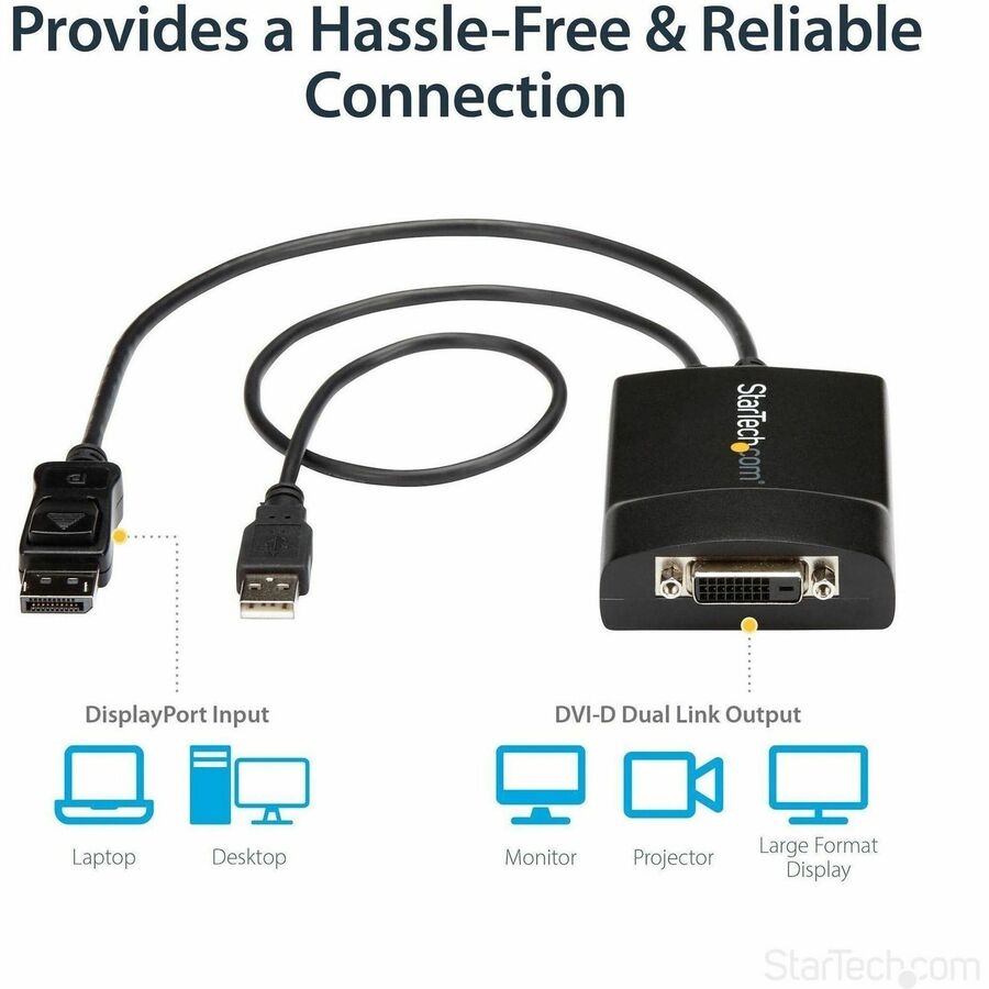 StarTech.com DisplayPort to DVI Dual Link Active Adapter, DisplayPort to DVI-D Adapter/Video Converter 2560x1600 60Hz, DP to DVI Adapter