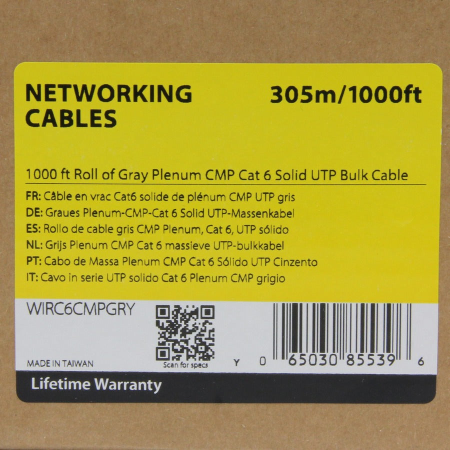 Câble Ethernet Cat 6 StarTech.com en vrac - 304,8 m - Solide - Classement au feu Plenum CMP/FT6 - Vérifié ETL - Gris