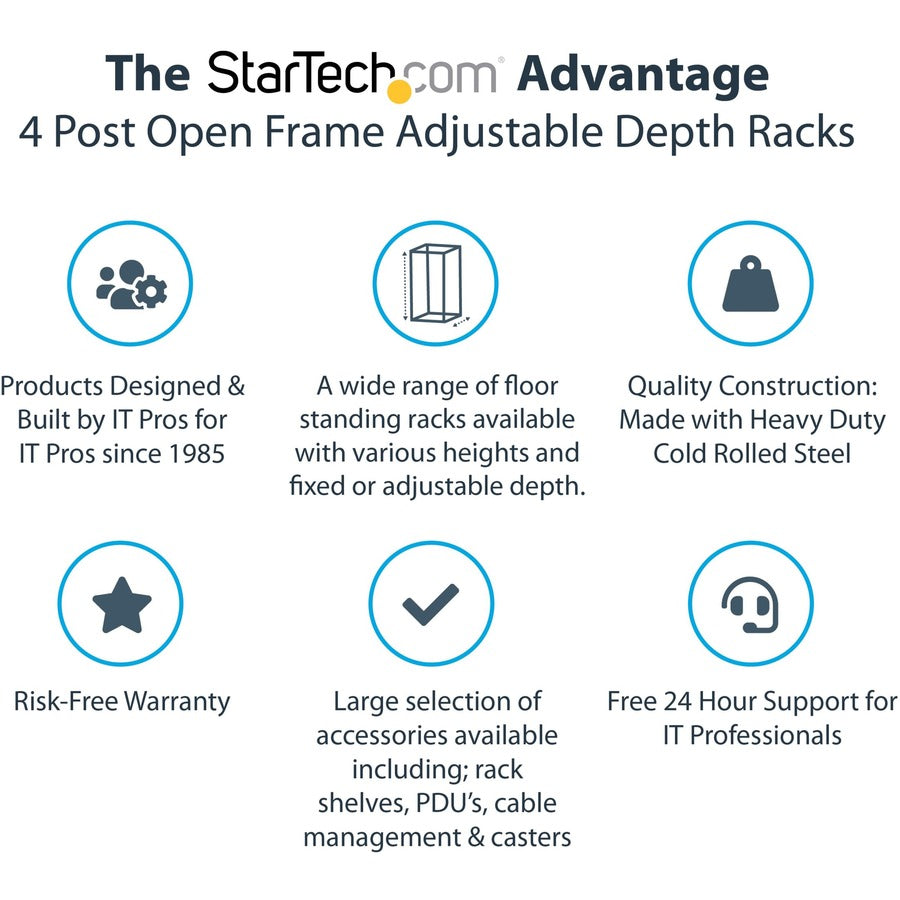 StarTech.com 4-Post 42U Mobile Open Frame Server Rack, 19" Network Rack with Casters, Rolling Rack for Computer/AV/Data/IT Equipment