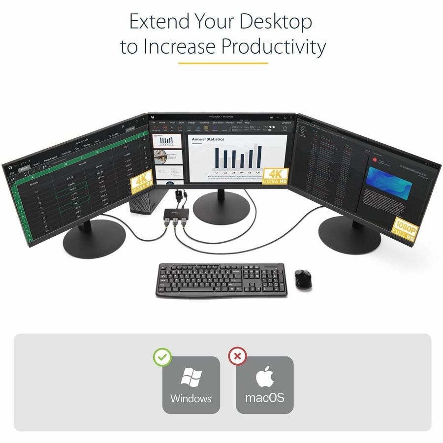 StarTech 3-Port DisplayPort MST Hub, Triple Monitor 4K Adapter