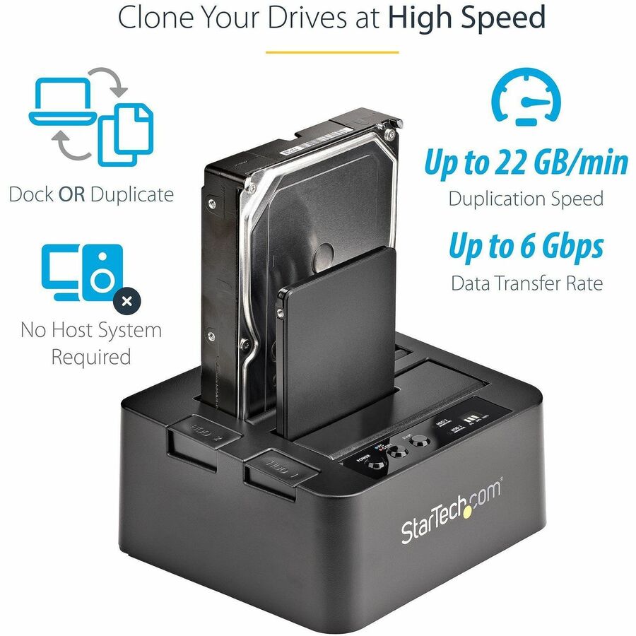 StarTech.com Standalone Hard Drive Duplicator Dock, External Dual Bay HDD/SSD Cloner/Copier, USB 3.0 / eSATA, SATA Disk Cloning / Recovery