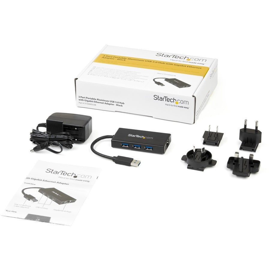 StarTech.com 3 Port Portable USB 3.0 Hub with Gigabit Ethernet Adapter NIC - 5Gbps - Aluminum w/ Cable