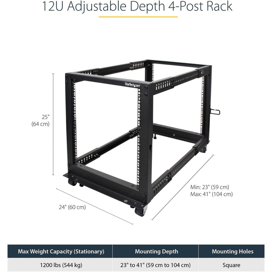 StarTech.com 4-Post 12U Mobile Open Frame Server Rack, 19" Network Rack with Casters, Rolling Rack for Computer/AV/Data/IT Equipment