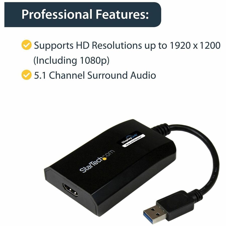 StarTech.com USB 3.0 to HDMI Adapter, DisplayLink Certified, 1920x1200, USB-A to HDMI Display Adapter, External Graphics Card for Mac/PC