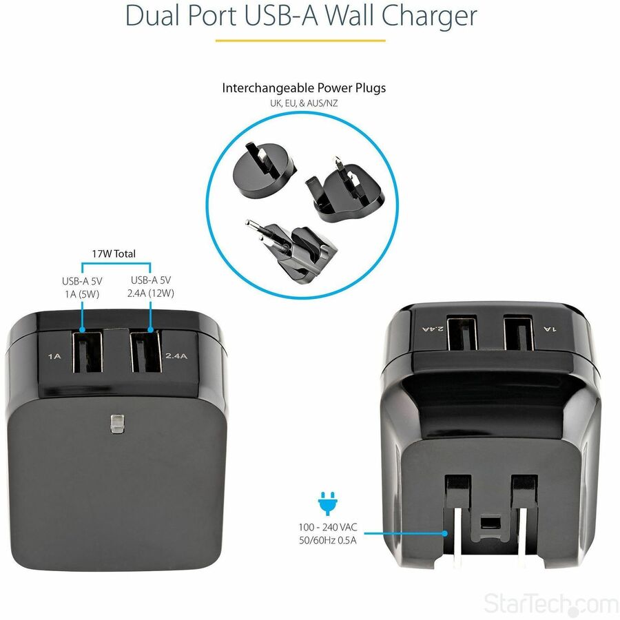 Chargeur mural USB de voyage StarTech.com - 2 ports - Noir - Adaptateur de voyage universel - Adaptateur secteur international - Chargeur USB