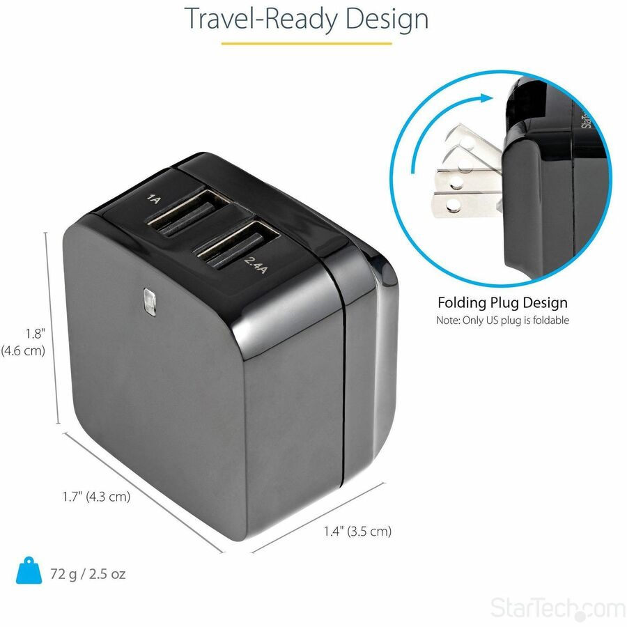 Chargeur mural USB de voyage StarTech.com - 2 ports - Noir - Adaptateur de voyage universel - Adaptateur secteur international - Chargeur USB