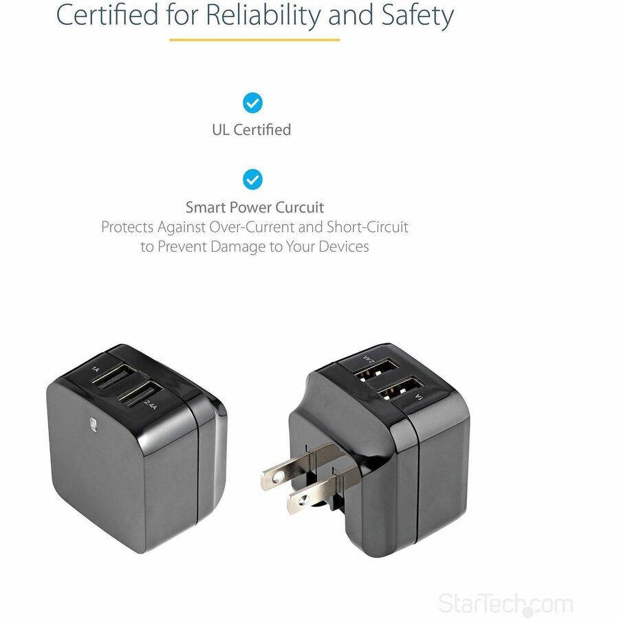 Chargeur mural USB de voyage StarTech.com - 2 ports - Noir - Adaptateur de voyage universel - Adaptateur secteur international - Chargeur USB