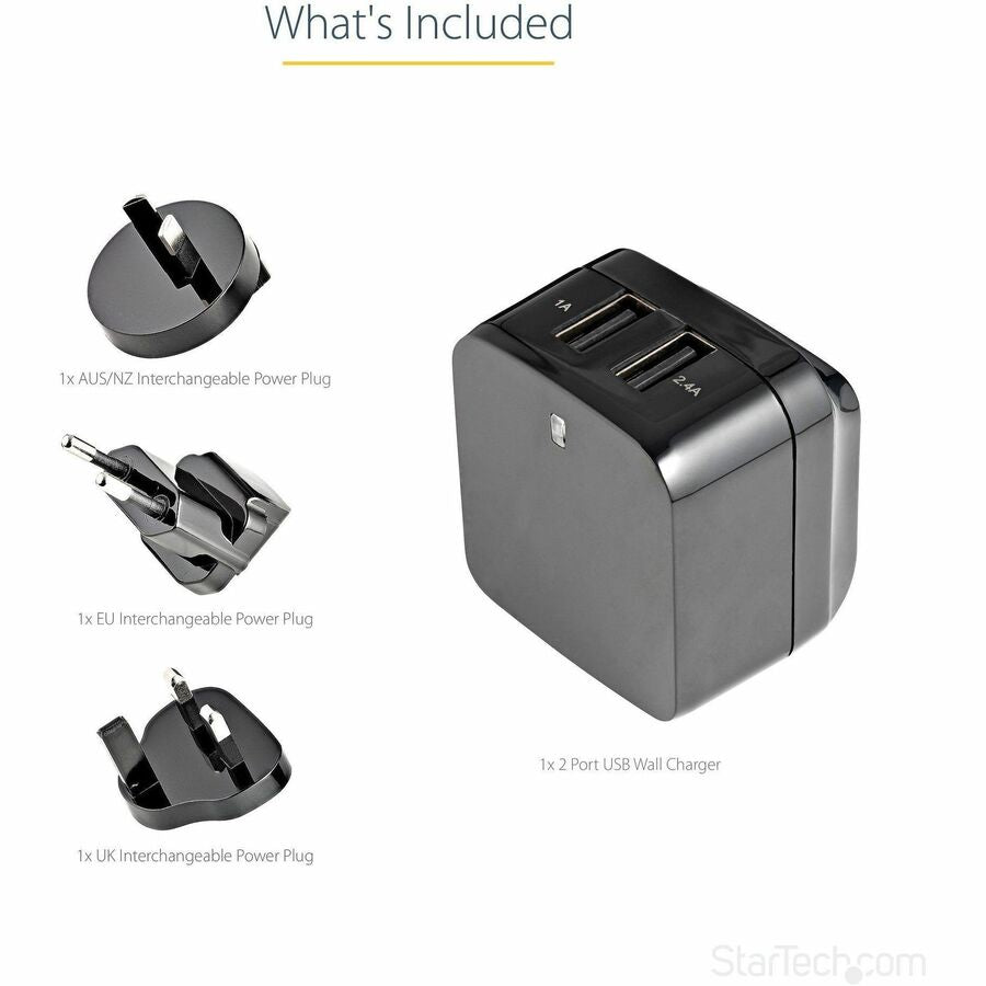 Chargeur mural USB de voyage StarTech.com - 2 ports - Noir - Adaptateur de voyage universel - Adaptateur secteur international - Chargeur USB