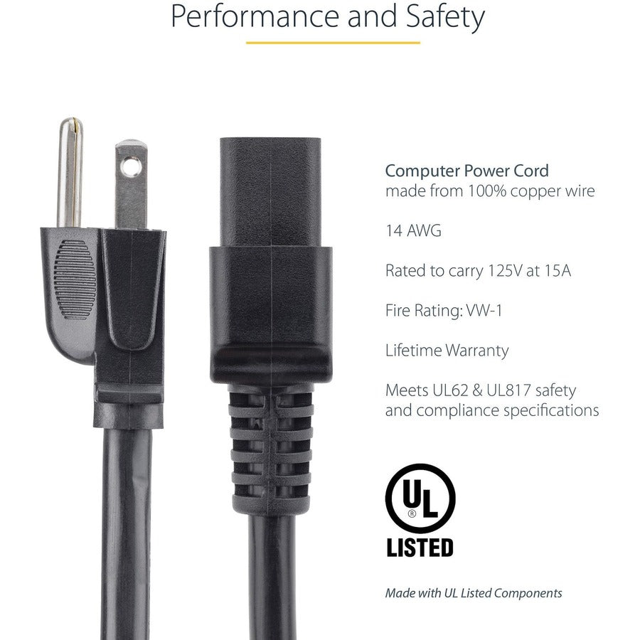 StarTech.com 10ft (3m) Heavy Duty Power Cord, NEMA 5-15P to C19, 15A 125V, 14AWG, Computer Power Cord, Heavy Gauge Power Cable