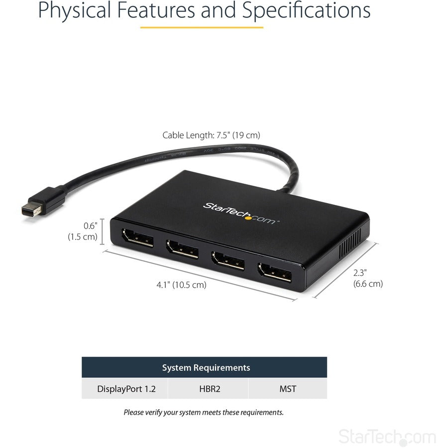 StarTech.com 4-Port Multi Monitor Adapter, Mini DisplayPort 1.2 to DP MST Hub, 4x 1080p, Video Splitter for Extended Desktop Mode, Windows