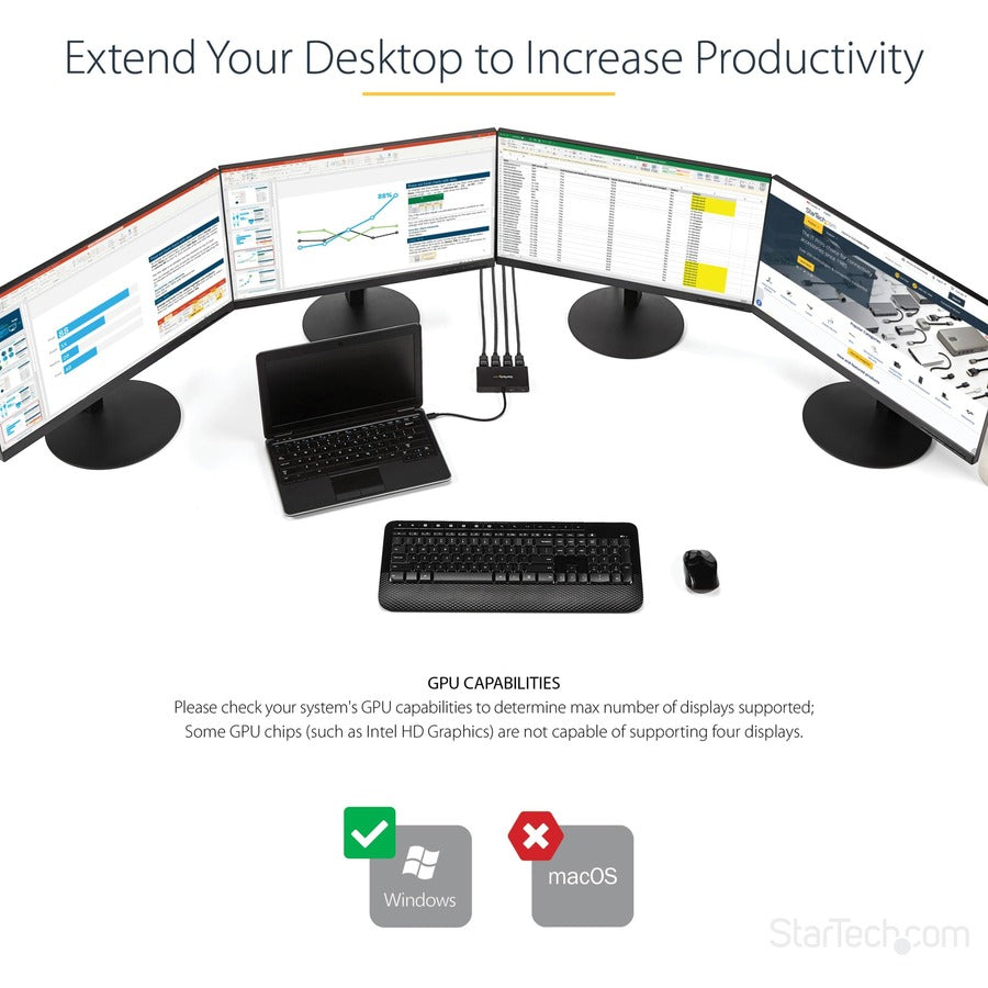 StarTech.com 4-Port Multi Monitor Adapter, Mini DisplayPort 1.2 to DP MST Hub, 4x 1080p, Video Splitter for Extended Desktop Mode, Windows