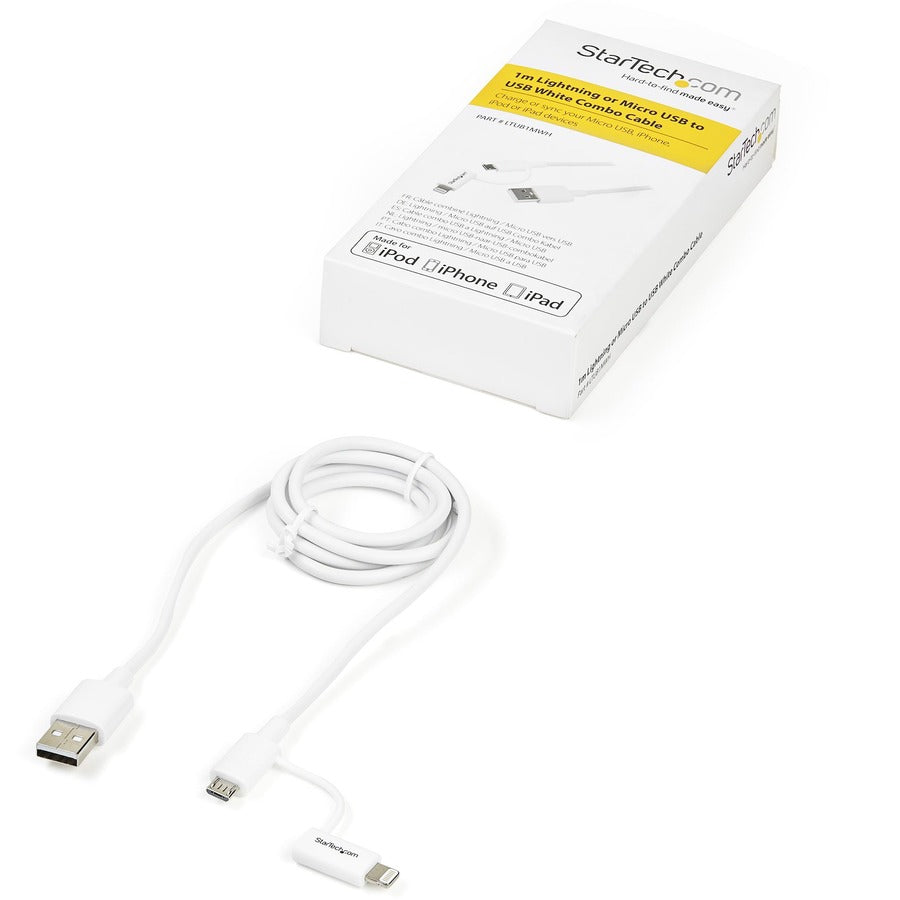 StarTech.com 1m (3ft) Apple Lightning or Micro USB to USB Cable for iPhone / iPod / iPad - White
