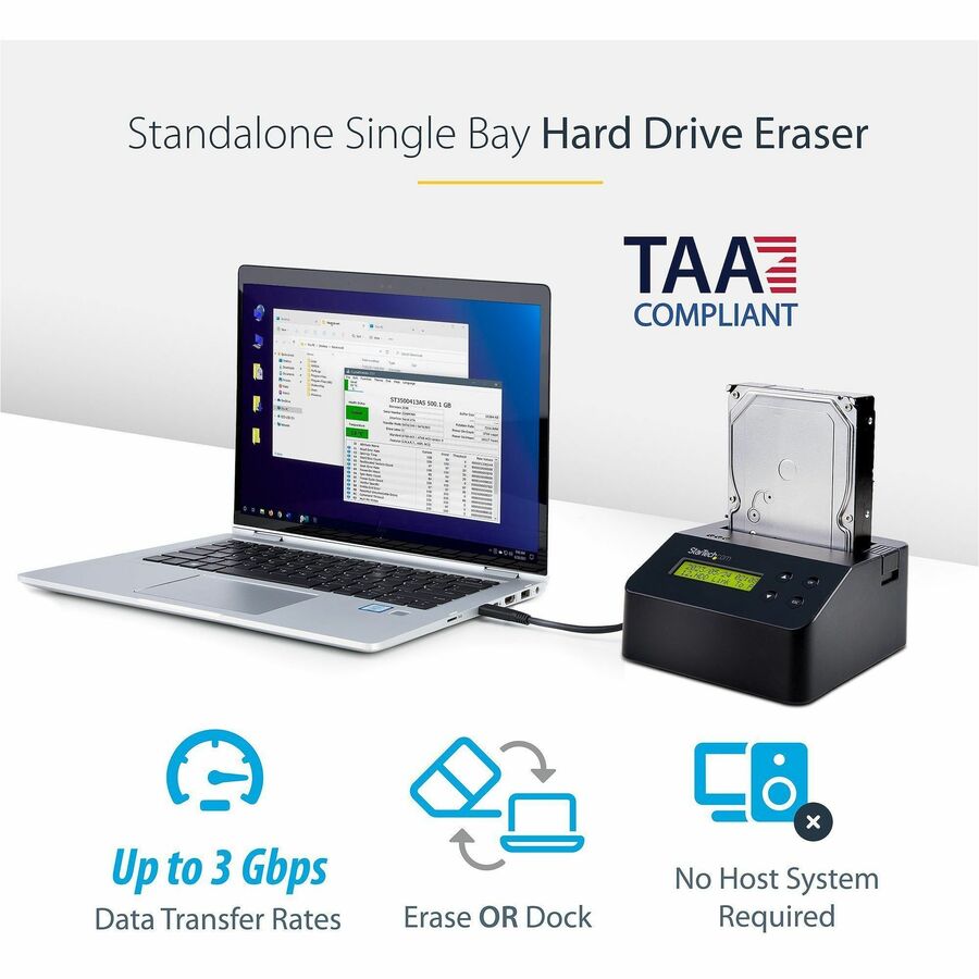 StarTech.com Single Bay SSD/HDD Hard Drive Eraser, 2.5"/3.5" , Standalone Wiper, Disk Sanitizer, Hardware Wiper Erasing Tool, NIST/DoD/TAA