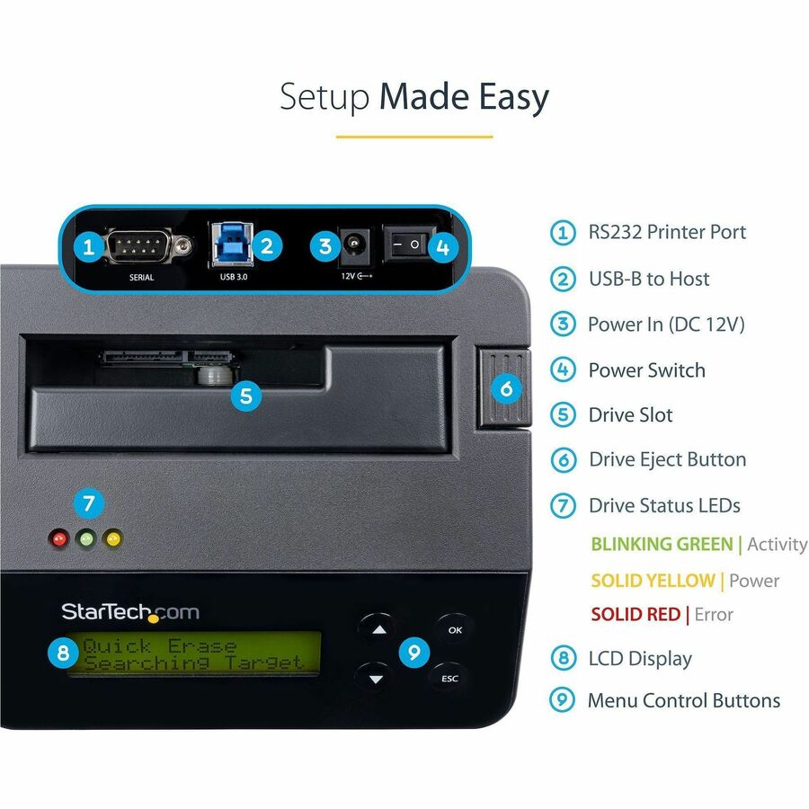 StarTech.com Single Bay SSD/HDD Hard Drive Eraser, 2.5"/3.5" , Standalone Wiper, Disk Sanitizer, Hardware Wiper Erasing Tool, NIST/DoD/TAA