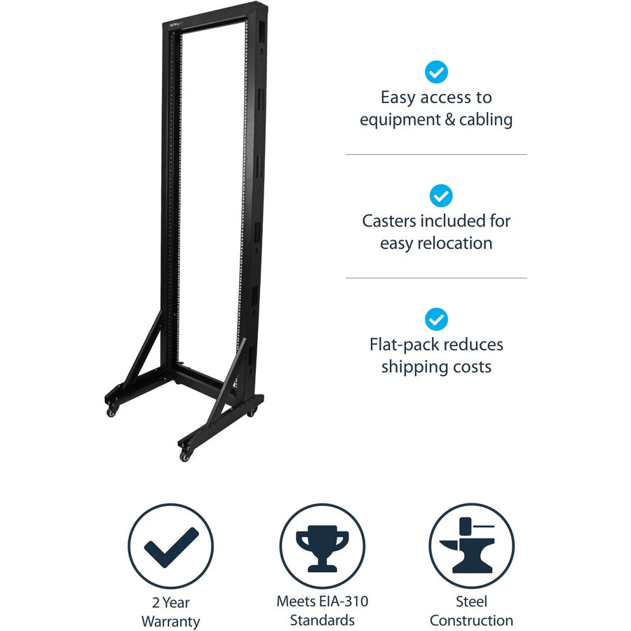 StarTech.com 2-Post 42U Mobile Open Frame Server Rack, Two Post 19in Network Rack with Casters, Rolling Open Rack for AV/Data/IT Equipment
