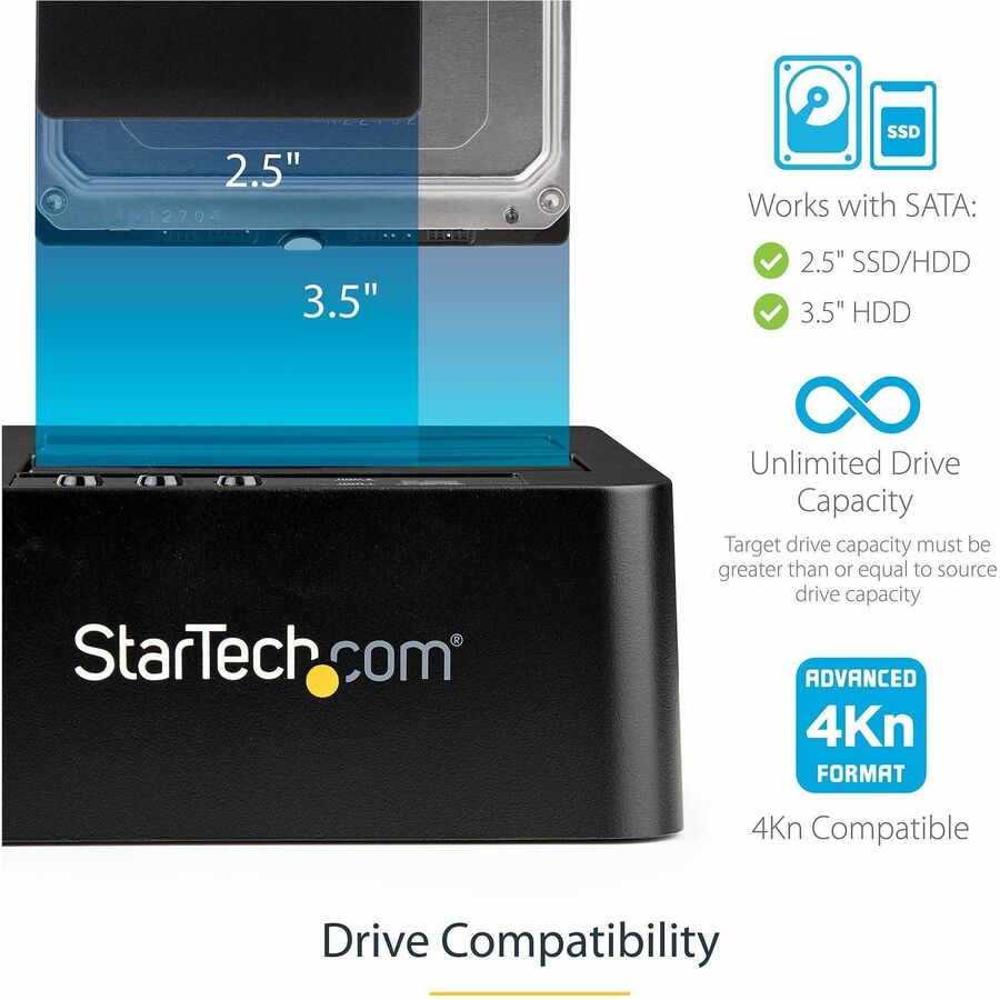 StarTech.com Standalone Hard Drive Duplicator, External Dual Bay HDD/SSD Cloner/Copier, USB 3.1 to SATA Drive Docking Station, Disk Cloner