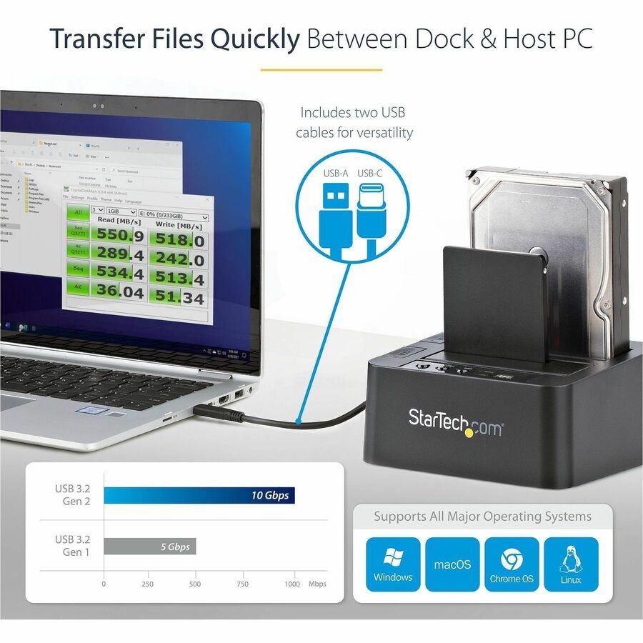 StarTech.com Standalone Hard Drive Duplicator, External Dual Bay HDD/SSD Cloner/Copier, USB 3.1 to SATA Drive Docking Station, Disk Cloner