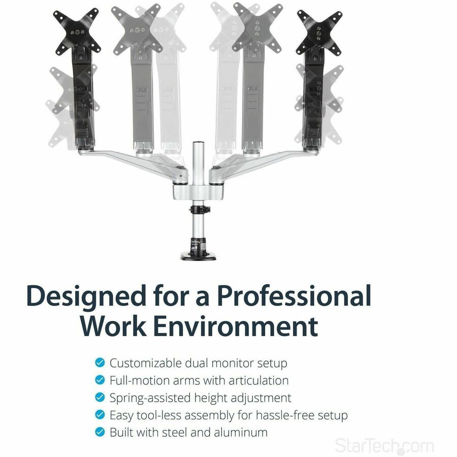 StarTech.com Desk Mount Dual Monitor Arm, Full Motion, Premium Dual Monitor Mount for up to 30"(19.8lb/9kg) VESA Mount Monitors, Tool-less