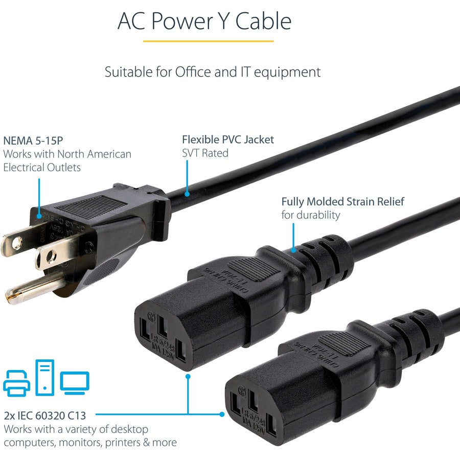 StarTech.com Cordon d'alimentation en Y pour ordinateur, 3 m (10 pi), NEMA 5-15P vers C13, 10 A 125 V, 18 AWG, noir. Cordon d'alimentation de remplacement pour PC, câble d'alimentation pour téléviseur/moniteur.