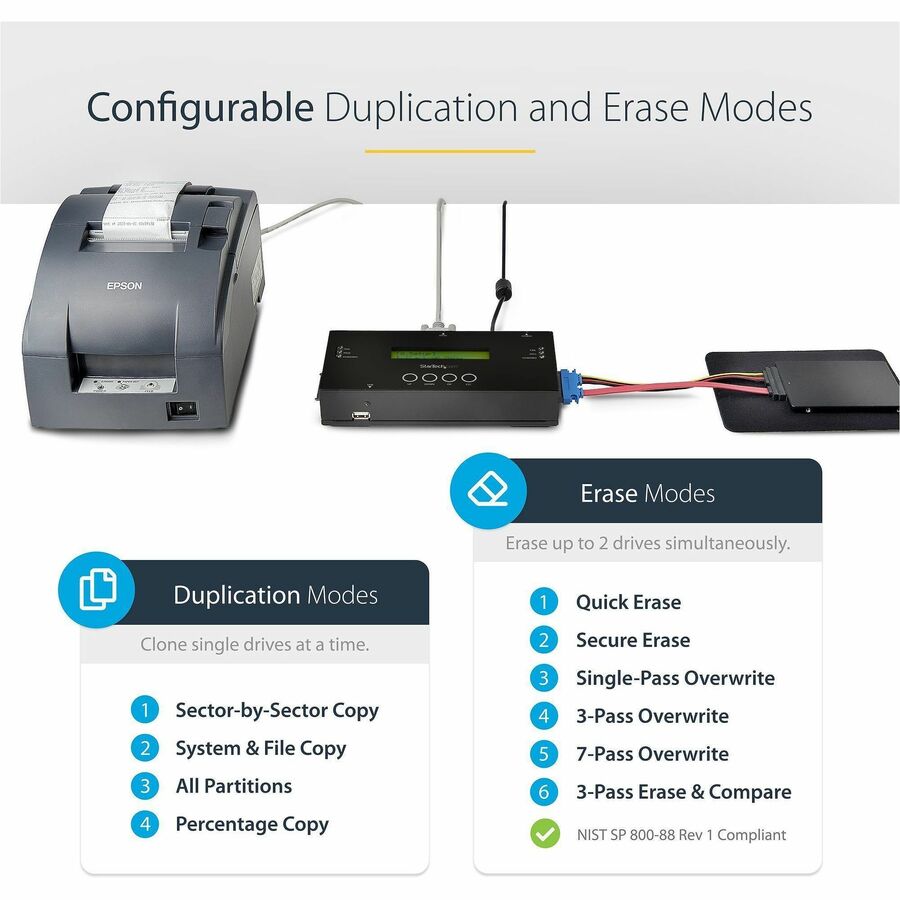 StarTech.com 1:1 Standalone Hard Drive Duplicator and Eraser, SAS/SATA HDD/SSD Cloner/Copier and Disk Eraser/Sanitizer/Wiper, Toolless