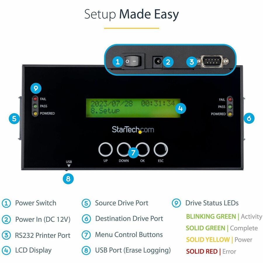 StarTech.com 1:1 Standalone Hard Drive Duplicator and Eraser, SAS/SATA HDD/SSD Cloner/Copier and Disk Eraser/Sanitizer/Wiper, Toolless