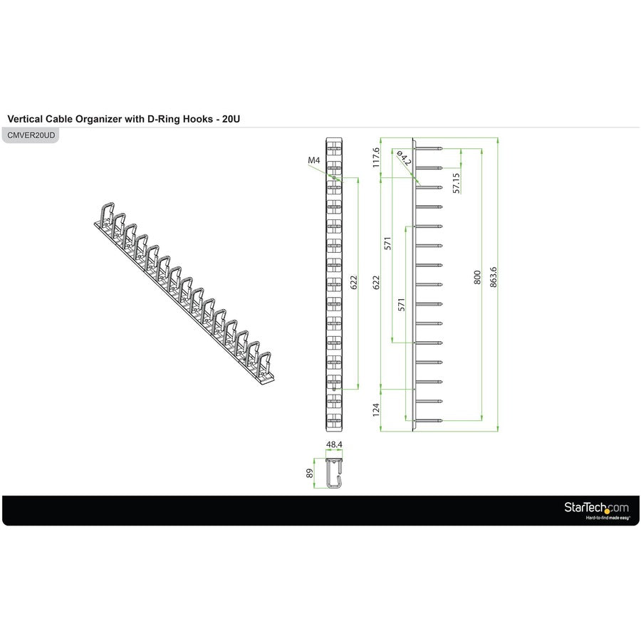 StarTech.com Vertical Cable Organizer with D-Ring Hooks - Vertical Cable Management Panel - 20U - 2.8ft.