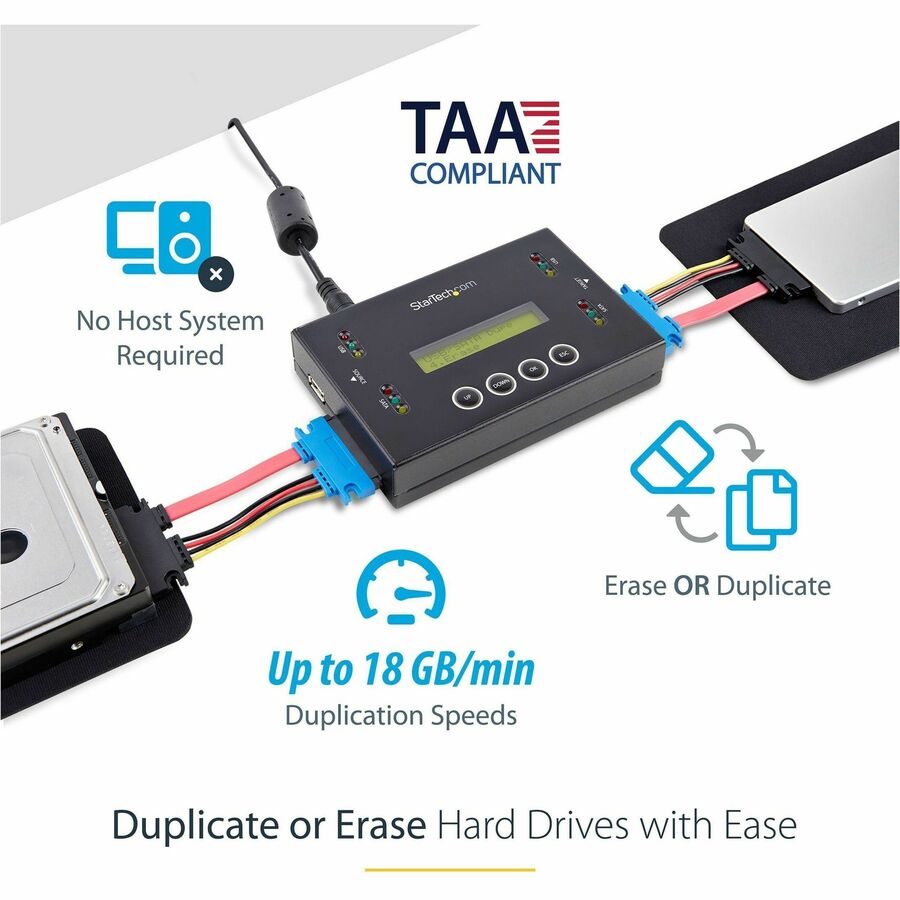 StarTech.com Hard Drive and USB Thumb Drive Duplicator/Eraser, USB Flash and SATA HDD/SSD Disk Cloner/Copier and Wiper, Toolless Sanitizer