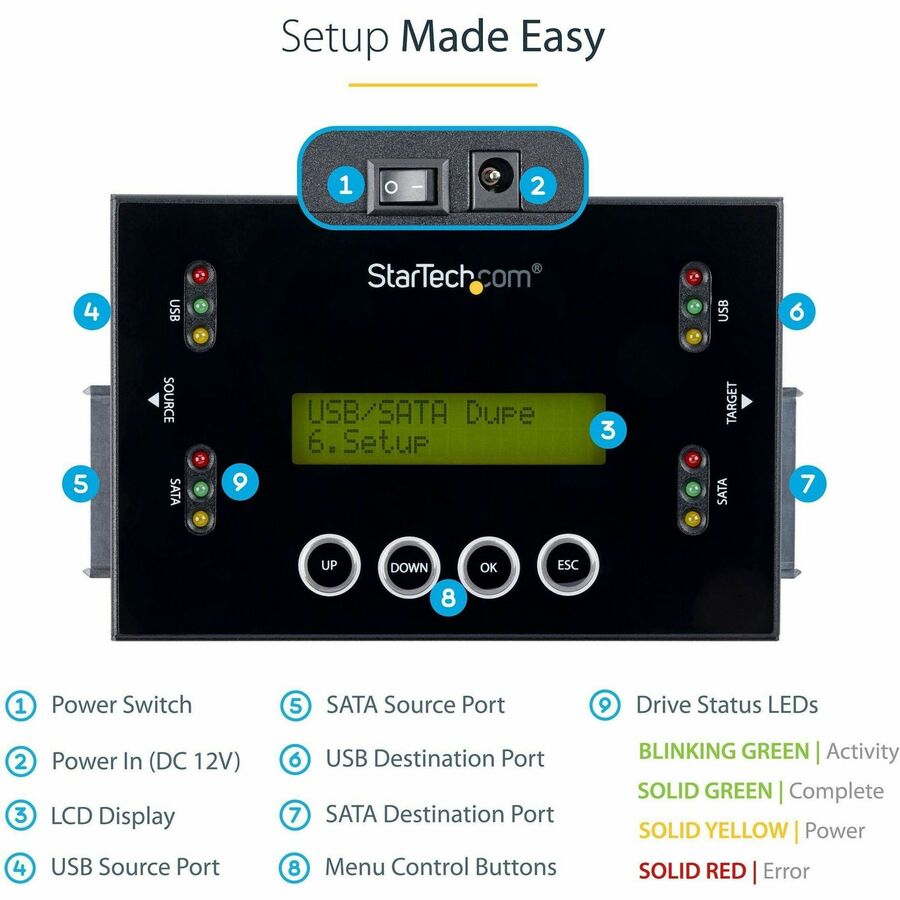 StarTech.com Hard Drive and USB Thumb Drive Duplicator/Eraser, USB Flash and SATA HDD/SSD Disk Cloner/Copier and Wiper, Toolless Sanitizer