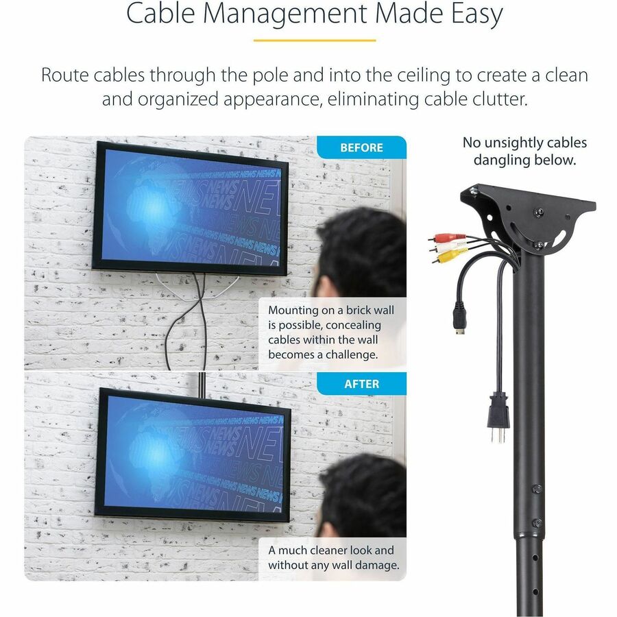 StarTech.com full-motion ceiling TV mount for 32"-75" TVs, height adjustable 8.2'-9.8', tilts -25°, swivels 360°, supports 110lb/50kg.