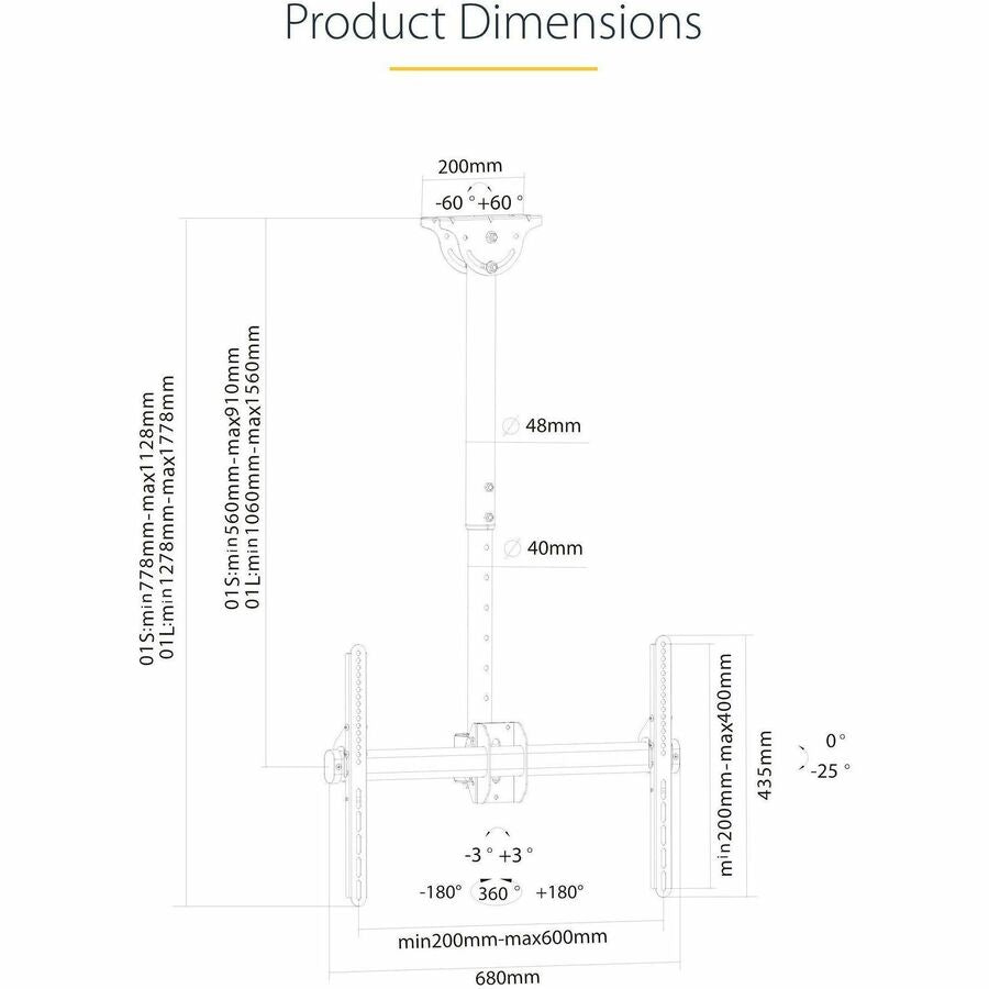 StarTech.com full-motion ceiling TV mount for 32"-75" TVs, height adjustable 8.2'-9.8', tilts -25°, swivels 360°, supports 110lb/50kg.