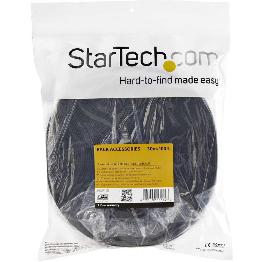 StarTech.com Hook-and-Loop Cable Management Tie - 100 ft. Bulk Roll - Black - Cut-to-Size Cable Wrap / Straps