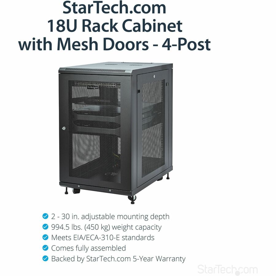 StarTech.com 4-Post 18U Server Rack Cabinet, 19" Data Rack Cabinet for Computer / IT Equipment, Home Network Rack, Half Height Server Rack