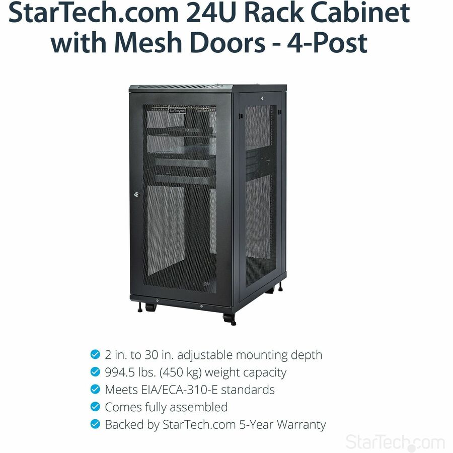 StarTech.com 4-Post 24U Server Rack Cabinet, 19" Data Rack Cabinet for Computer / IT Equipment, Home Network Rack, Half Height Server Rack
