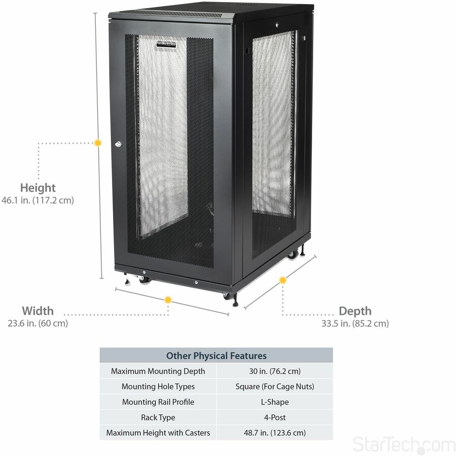 StarTech.com 4-Post 24U Server Rack Cabinet, 19" Data Rack Cabinet for Computer / IT Equipment, Home Network Rack, Half Height Server Rack