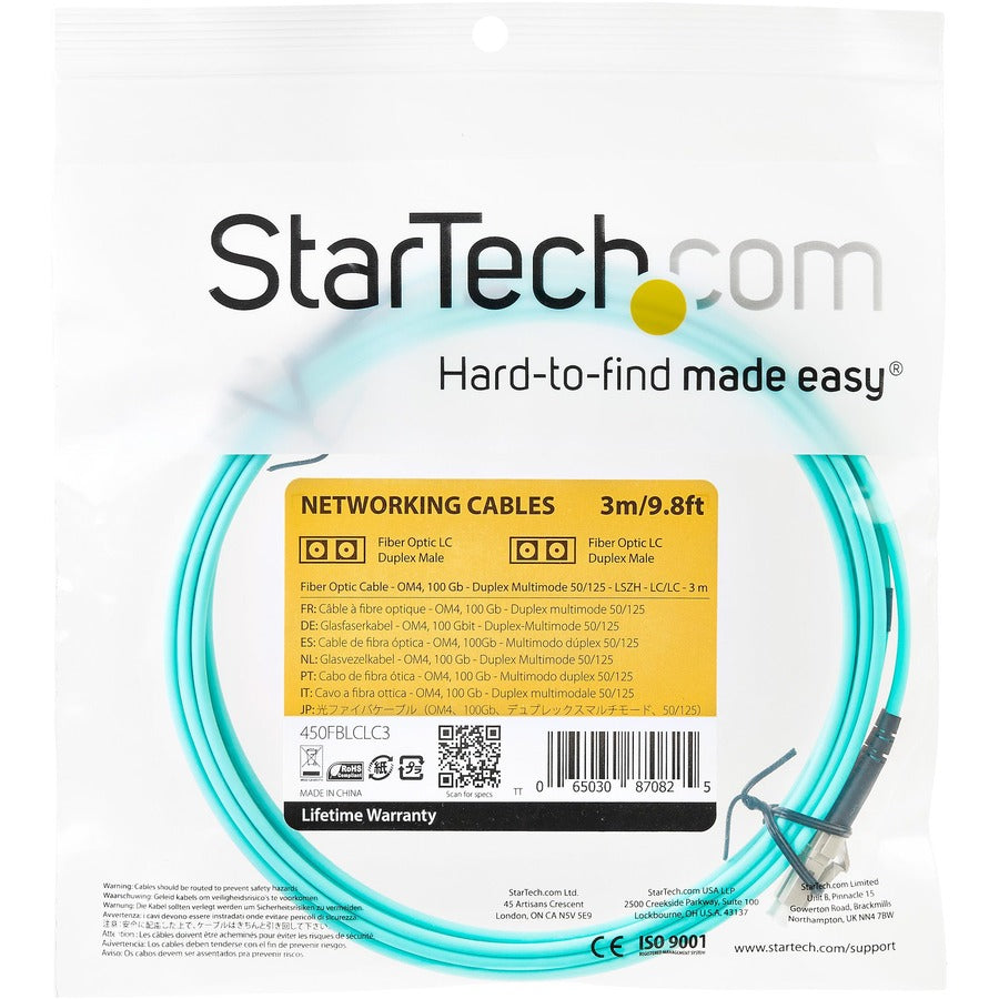 StarTech.com 3m (10ft) LC/UPC to LC/UPC OM4 Multimode Fiber Optic Cable, 50/125µm, 100G, Low Insertion Loss, LSZH Fiber Jumper Cord