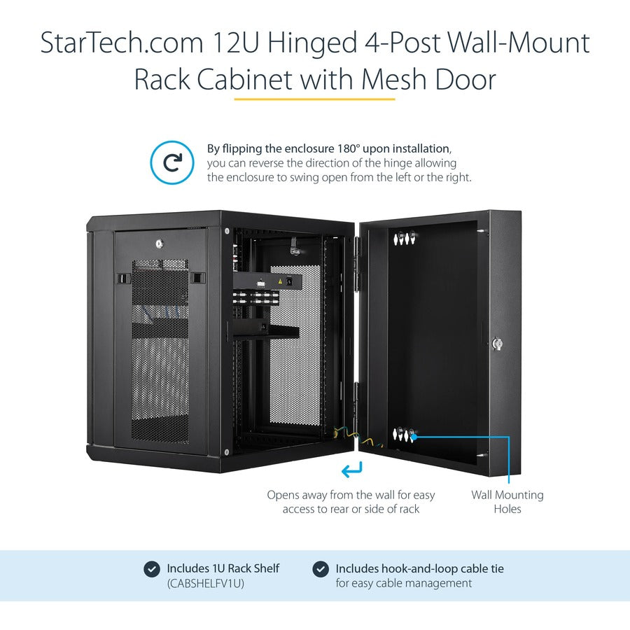 StarTech.com 12U 19" Wall Mount Network Cabinet - 16" Deep Hinged Locking Flexible IT Data Equipment Rack Vented Switch Enclosure w/Shelf