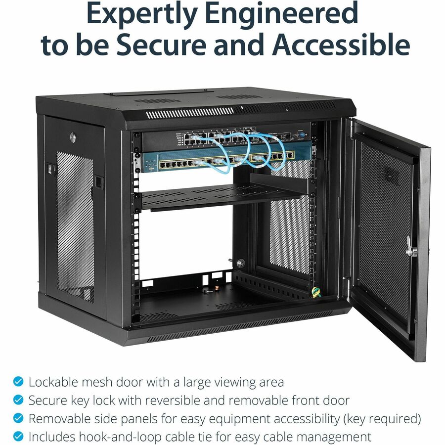 StarTech.com 2-Post 9U Wall Mount Network Cabinet, 19" Wall-Mounted Server Rack for Data / IT Equipment, Small Lockable Rack Enclosure