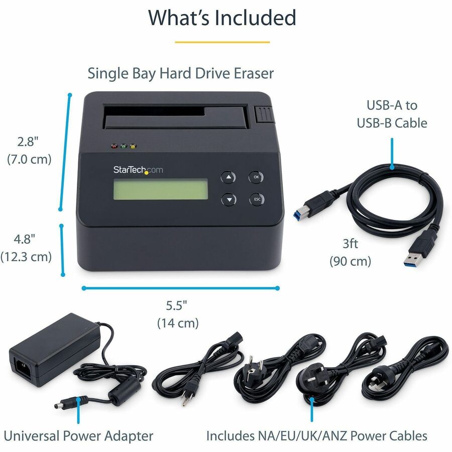 StarTech.com Hard Drive Eraser, Standalone HDD/SSD Sanitizer, 4Kn, Secure Erase Hard Disk Wiper Dock, Hardware Erasing Tool, TAA Compliant