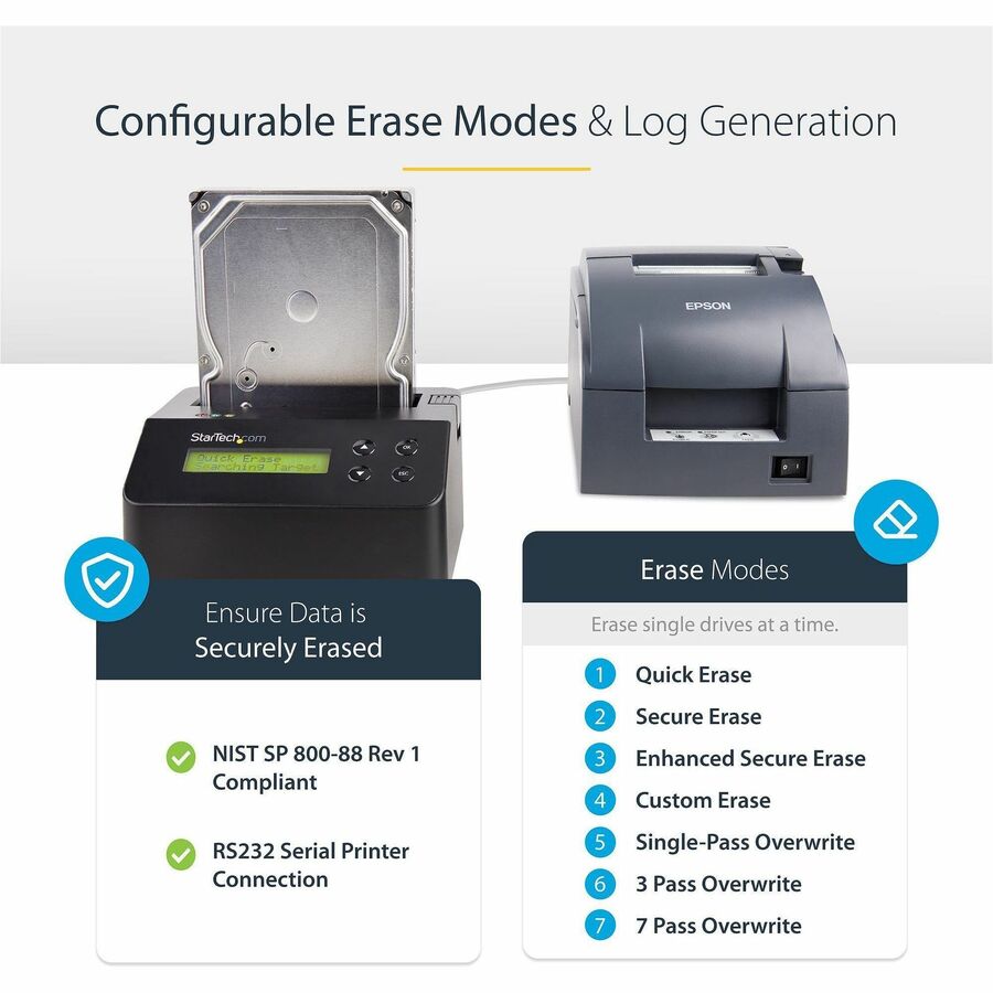 StarTech.com Hard Drive Eraser, Standalone HDD/SSD Sanitizer, 4Kn, Secure Erase Hard Disk Wiper Dock, Hardware Erasing Tool, TAA Compliant