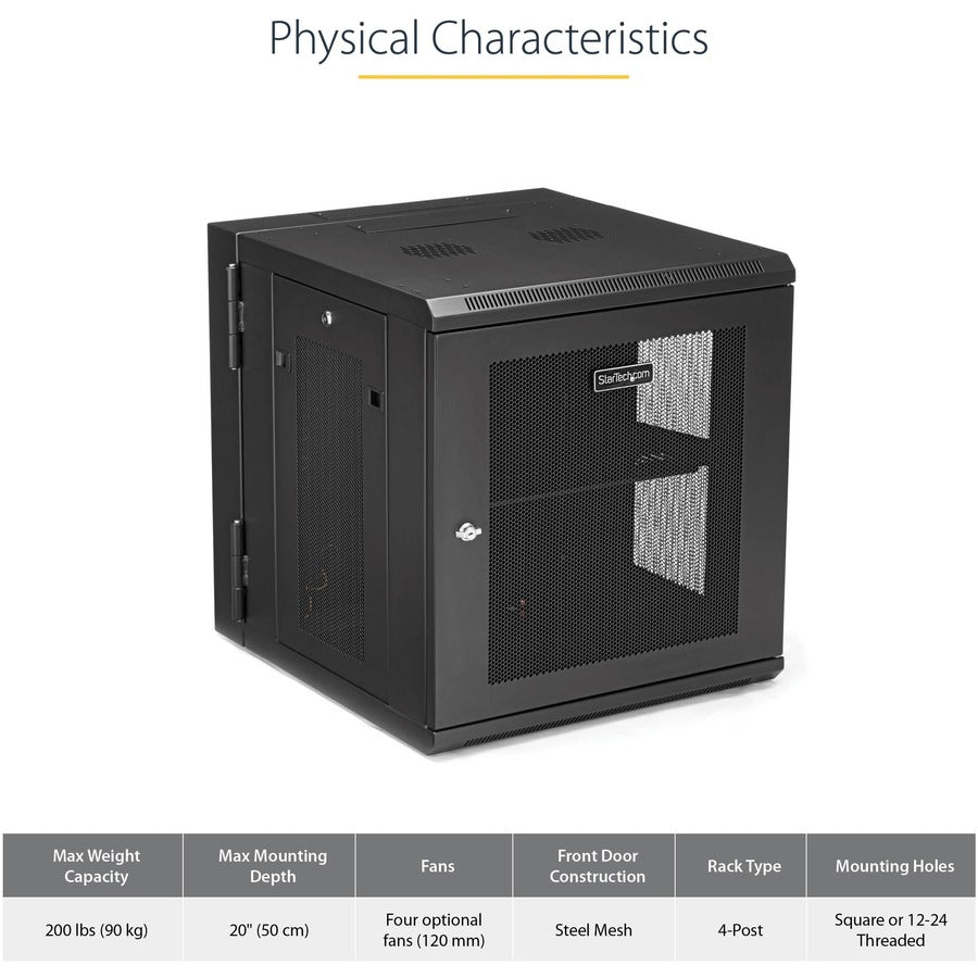 StarTech.com 12U 19" Wall Mount Network Cabinet - 20" Deep Hinged Locking IT Data Enclosure - Flexible Vented Rack w/Shelf - Switch Depth