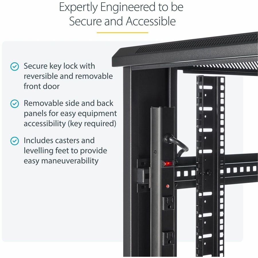 StarTech.com Baie serveur 42U à 4 montants, 48 cm (19 po) pour montage d'ordinateurs et d'équipements informatiques, avec roulettes
