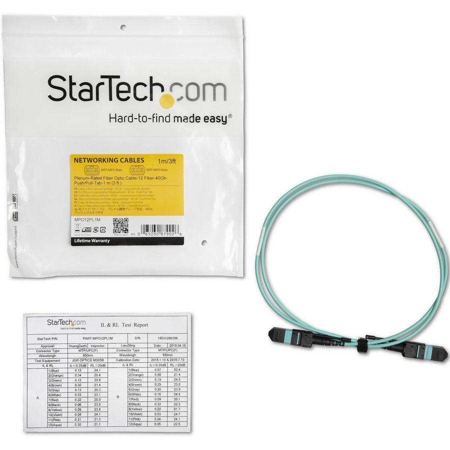 StarTech.com 1m (3ft) MTP(F)/PC OM3 Multimode Fiber Optic Cable, OFNP Plenum, 50/125µm, 40G, Low Insertion Loss, MPO Fiber Jumper Cord