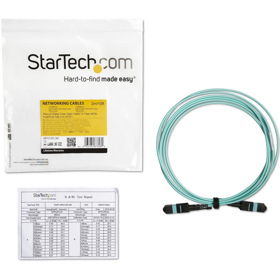 StarTech.com 3m (10ft) MTP(F)/PC OM3 Multimode Fiber Optic Cable, OFNP Plenum, 50/125µm, 40G, Low Insertion Loss, MPO Fiber Jumper Cord